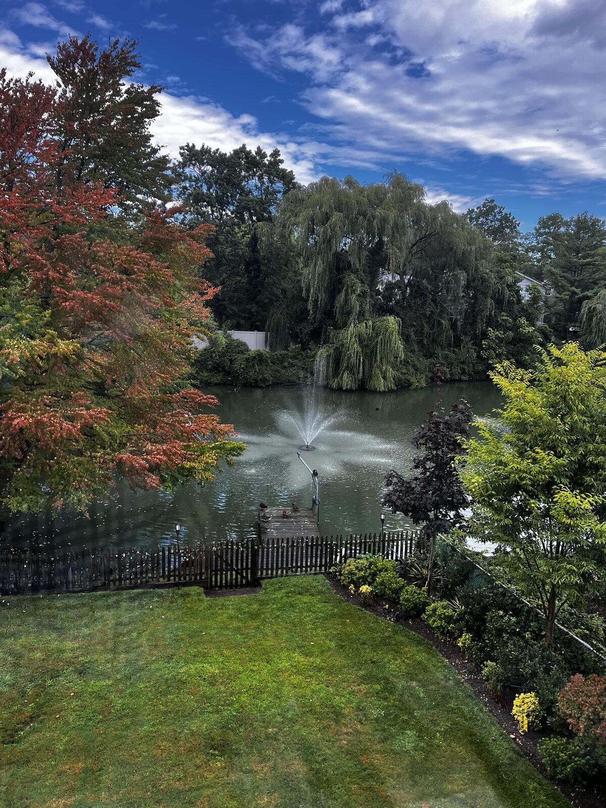 Backyard pond with a fountain framed by fall trees