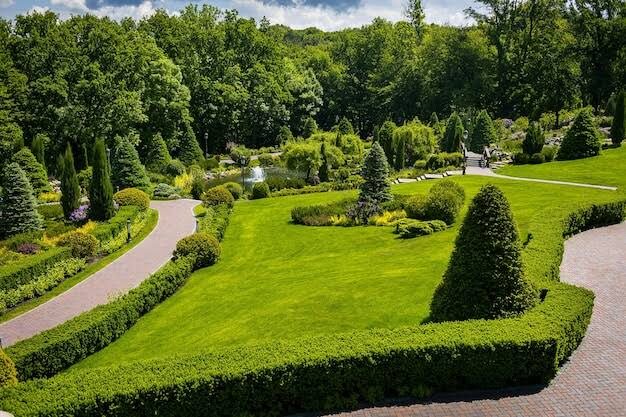 Formal garden with sculpted hedges and a brick path