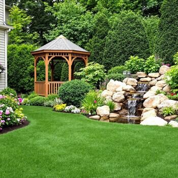 Gazebo beside a stone waterfall and flower beds
